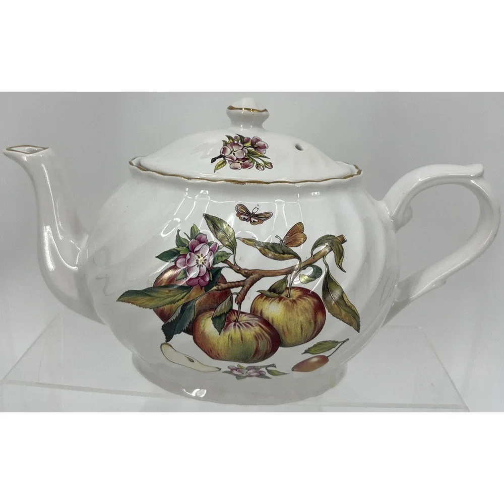 Vtg Arthur Wood & Son Staffordshire England Teapot 6459 Apples‎ Peach Gold Trim